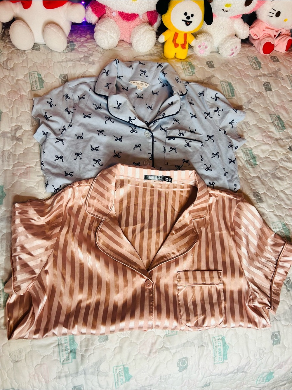 Tart Pink Satin Stripe & Laura Ashley Light Blue Bow-Print Pajama Tops (2)